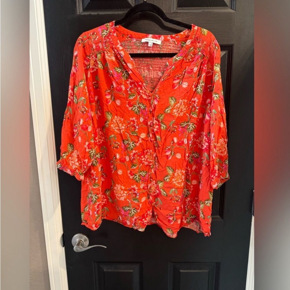 Anthropologie Rose + Olive Flowy Floral Blouse Size 1X‎ Cottagecore Farmcore